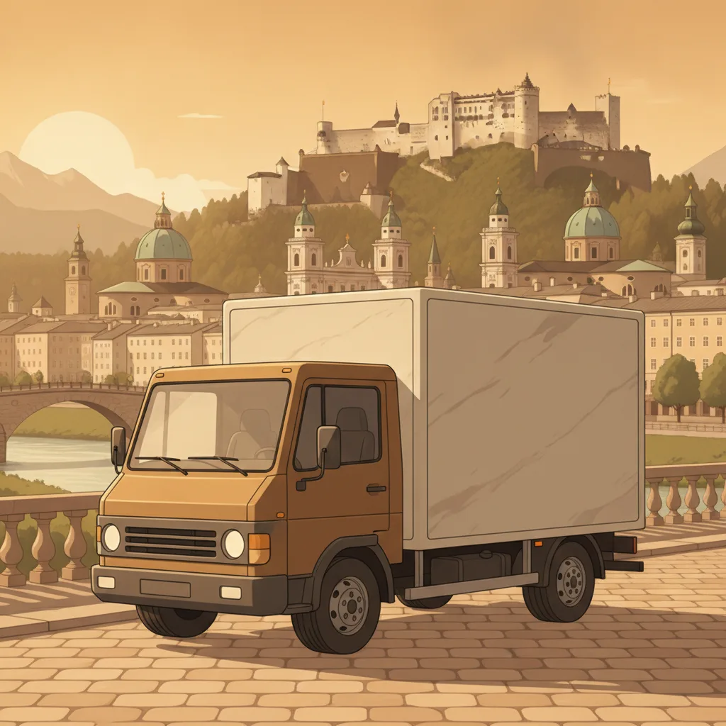 Übersiedlung in Salzburg – beladener Transporter vor Salzburger Altstadt mit Festung Hohensalzburg