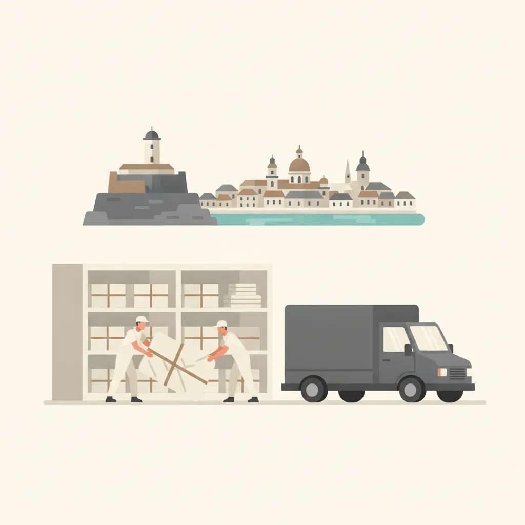 Flat-Design-Illustration: zwei Traeger schieben deckenverpackte Moebel und beschriftete Kartons in eine saubere Lagerbox, daneben ein geschlossener Kastenwagen ohne Emblem, im Hintergrund die Festung Hohensalzburg ueber der Altstadt und die Salzach - Einlagerung in Salzburg