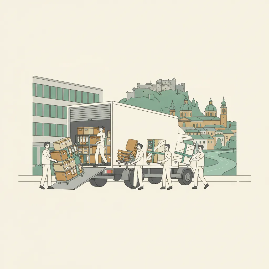 Flat-Design-Illustration: ein Team verlaedt Rollcontainer mit Aktenordnern, Buerostuehle und verpackte Technik aus einem Salzburger Buerohaus in einen geschlossenen Umzugs-Lkw, im Hintergrund die Festung Hohensalzburg, barocke Kuppeln und die Salzach - Firmenumzug Salzburg