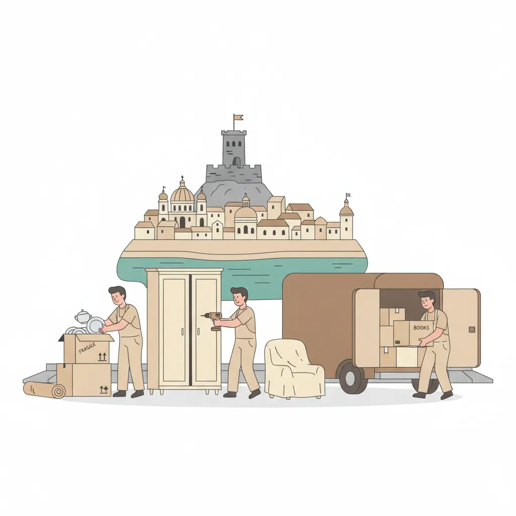 Flat-Design-Illustration: ein eingespieltes Team packt Kartons, baut einen Schrank ab und traegt Moebel aus einer Salzburger Altbauwohnung in einen geschlossenen Kastenwagen ohne Emblem, im Hintergrund die Festung Hohensalzburg ueber der Altstadt an der Salzach - Full-Service-Umzug in Salzburg