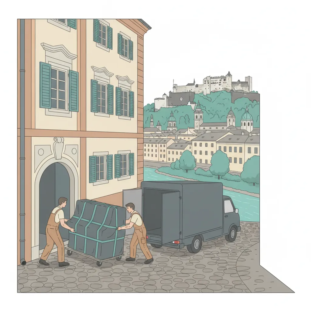 Flat-Design-Illustration: zwei Spezialträger bewegen ein gepolstertes Klavier auf einem Klavierroller aus einem Salzburger Altstadthaus zu einem geschlossenen Kastenwagen, im Hintergrund die Festung Hohensalzburg und die Salzach - Klaviertransport in Salzburg