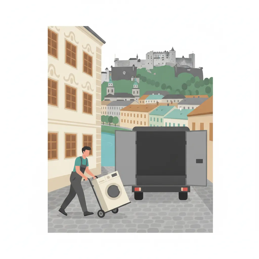 Flat-Design-Illustration: ein Träger rollt eine Waschmaschine auf der Sackkarre zu einem geschlossenen Kastenwagen vor einem Salzburger Altstadthaus, im Hintergrund die Festung Hohensalzburg und die Salzach - Kleintransport in Salzburg
