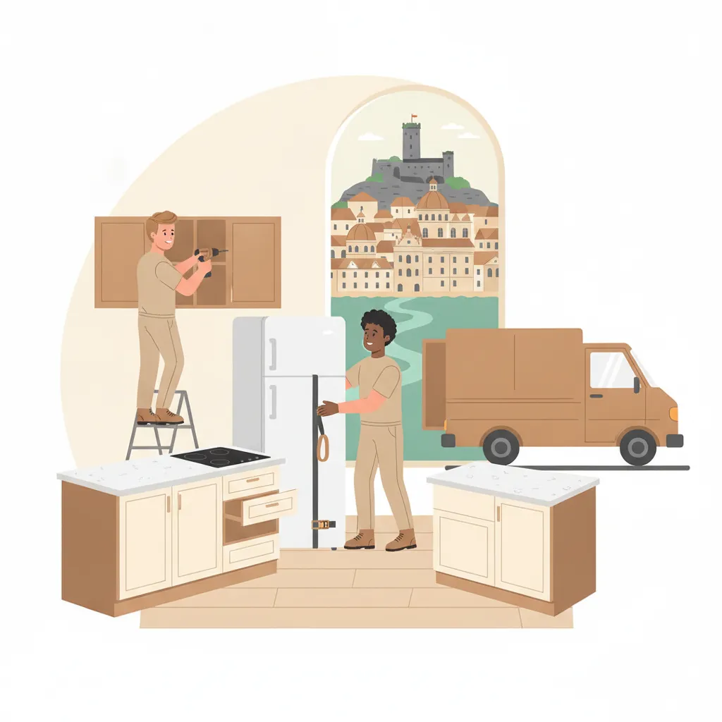 Flat-Design-Illustration: zwei Monteure bauen in einer hellen Salzburger Altbauwohnung eine Einbaukueche ab, ein Haengeschrank und ein Kuehlgeraet stehen bereit, vor dem Haus ein geschlossener Kastenwagen ohne Emblem, durchs Fenster die Festung Hohensalzburg ueber der barocken Altstadt an der Salzach - Kuechenumzug in Salzburg