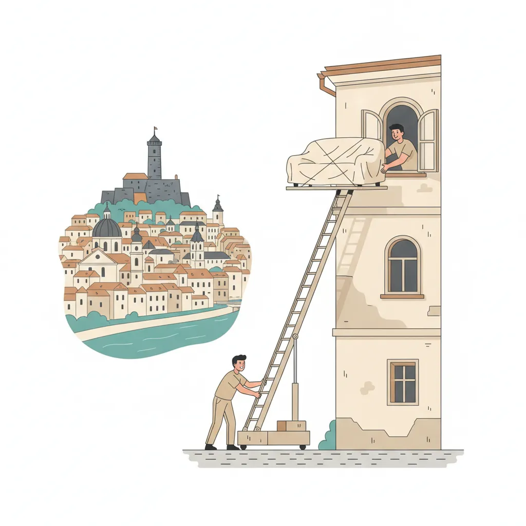 Flat-Design-Illustration: ein Moebellift lehnt aussen an der Fassade eines Salzburger Altbaus und hebt eine Plattform mit einem Sofa zu einem offenen Fenster im dritten Stock, ein Helfer nimmt es oben in Empfang, im Hintergrund die Festung Hohensalzburg ueber der Altstadt an der Salzach - Moebellift in Salzburg