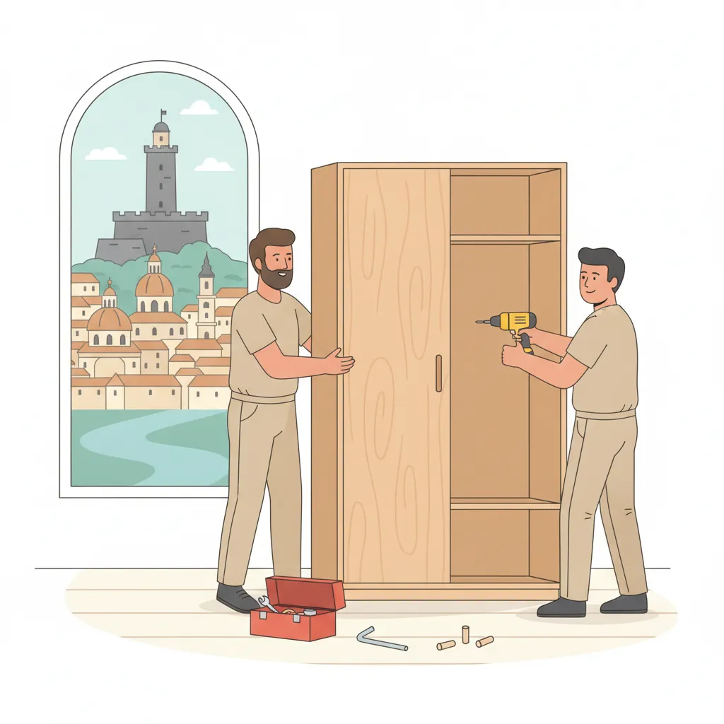 Flat-Design-Illustration: zwei Monteure bauen einen grossen Kleiderschrank in einer hellen Salzburger Altbauwohnung mit Akkuschrauber und Werkzeug zusammen, durchs Fenster sind die Festung Hohensalzburg und die barocke Altstadt an der Salzach zu sehen - Moebelmontage in Salzburg