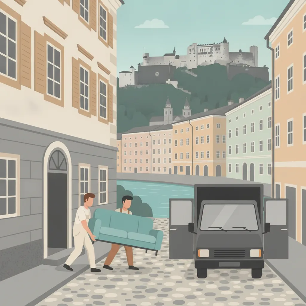 Flat-Design-Illustration: zwei Träger tragen ein Sofa aus einem Salzburger Altstadthaus zu einem geschlossenen Kastenwagen, im Hintergrund die Festung Hohensalzburg über den Dächern und die Salzach - Möbeltaxi in Salzburg