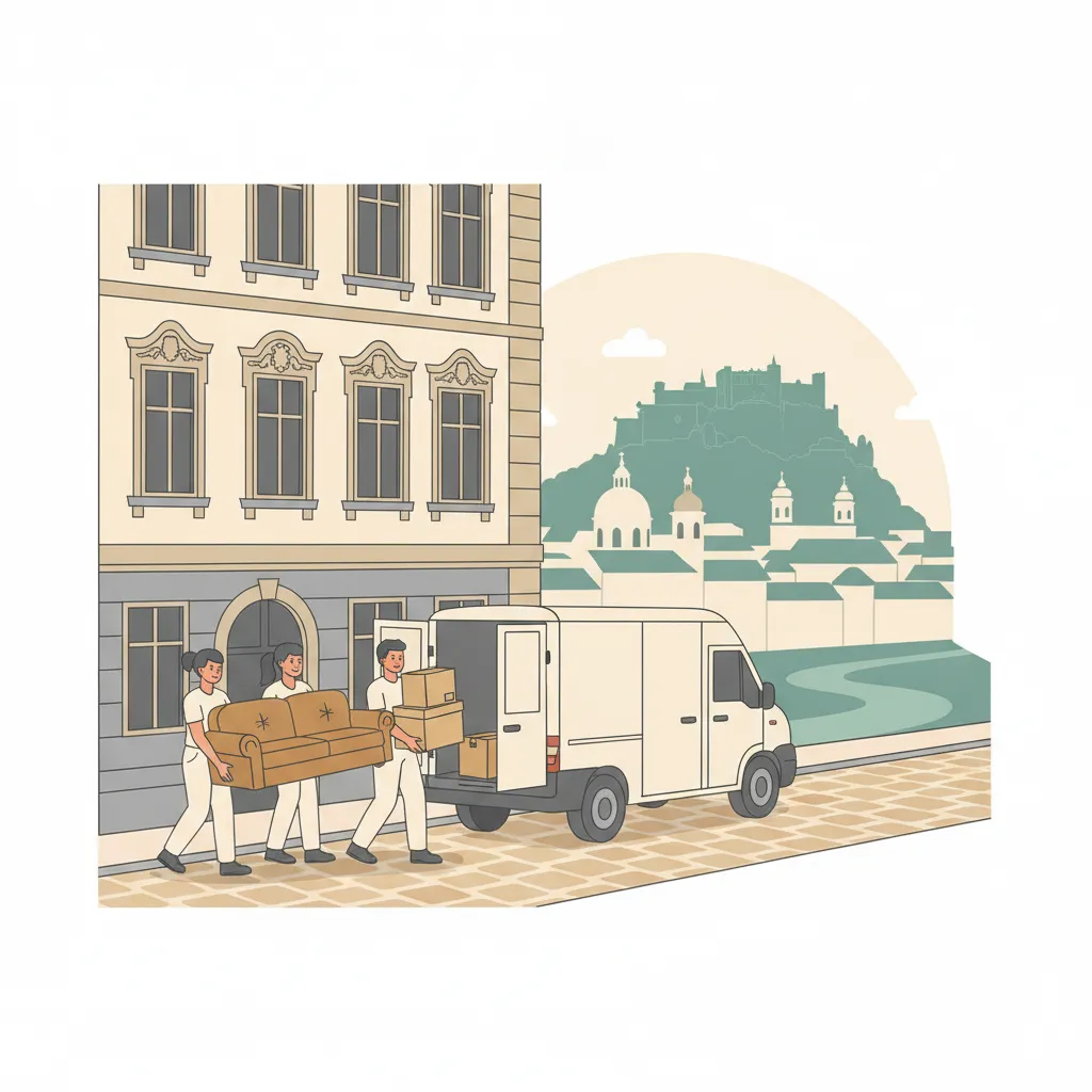 Flat-Design-Illustration: ein Umzugsteam traegt Kartons und ein Sofa aus einem Salzburger Altbau in einen geschlossenen Kastenwagen, im Hintergrund die Festung Hohensalzburg, barocke Kuppeln und die gruen-blaue Salzach - Privatumzug in Salzburg