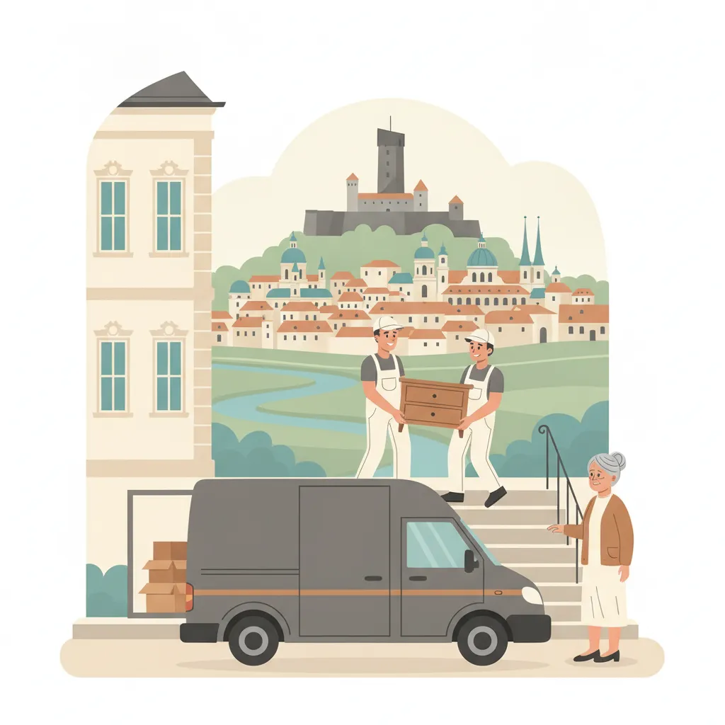 Flat-Design-Illustration: zwei einfuehlsame Umzugshelfer tragen behutsam eine kleine Kommode aus einem Salzburger Altbau, eine aeltere Dame schaut ruhig zu, vor dem Haus ein geschlossener Kastenwagen ohne Emblem, im Hintergrund die Festung Hohensalzburg ueber der Altstadt an der Salzach - Seniorenumzug in Salzburg