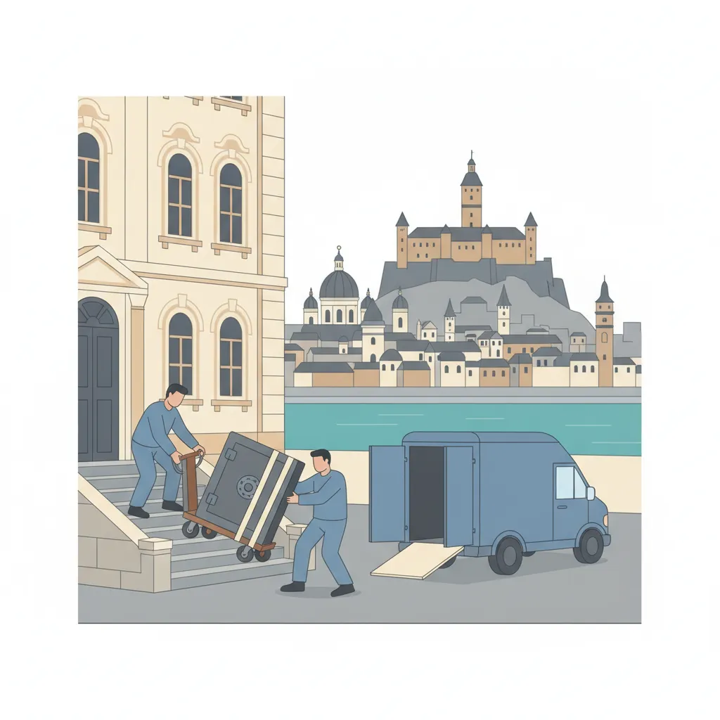 Flat-Design-Illustration: zwei Spezialtraeger setzen einen schweren Tresor mit Schwerlastroller und Gurten aus einem Salzburger Altstadthaus in einen geschlossenen Kastenwagen ohne Emblem, im Hintergrund die Festung Hohensalzburg ueber der Salzach - Tresortransport in Salzburg