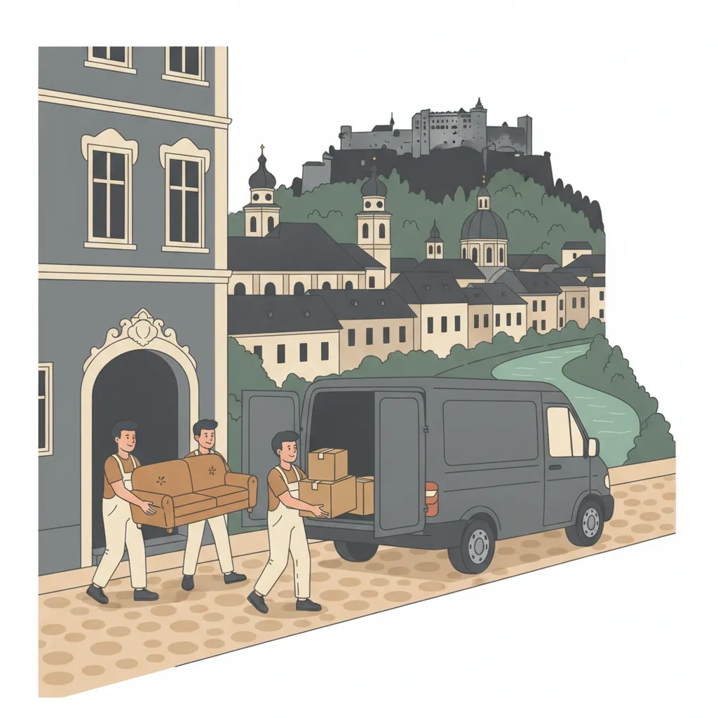 Flat-Design-Illustration: ein Übersiedlungsteam traegt Kartons und ein Sofa aus einem Salzburger Altstadthaus in einen geschlossenen Kastenwagen, im Hintergrund die Silhouette der Festung Hohensalzburg, barocke Kuppeln und die Salzach - Übersiedlung in Salzburg
