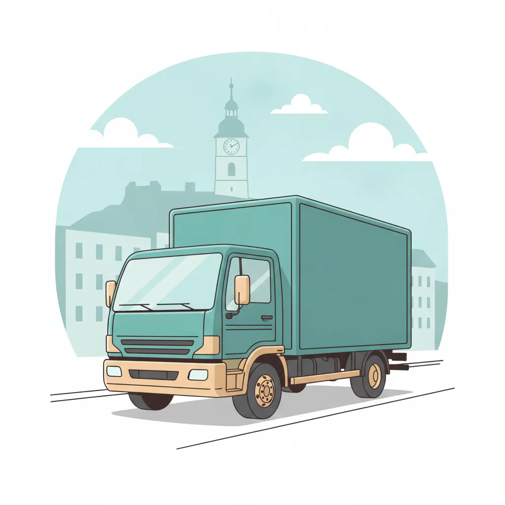 Comic-Illustration: geschlossener Umzugstransporter erreicht Graz – Umzug von Salzburg nach Graz