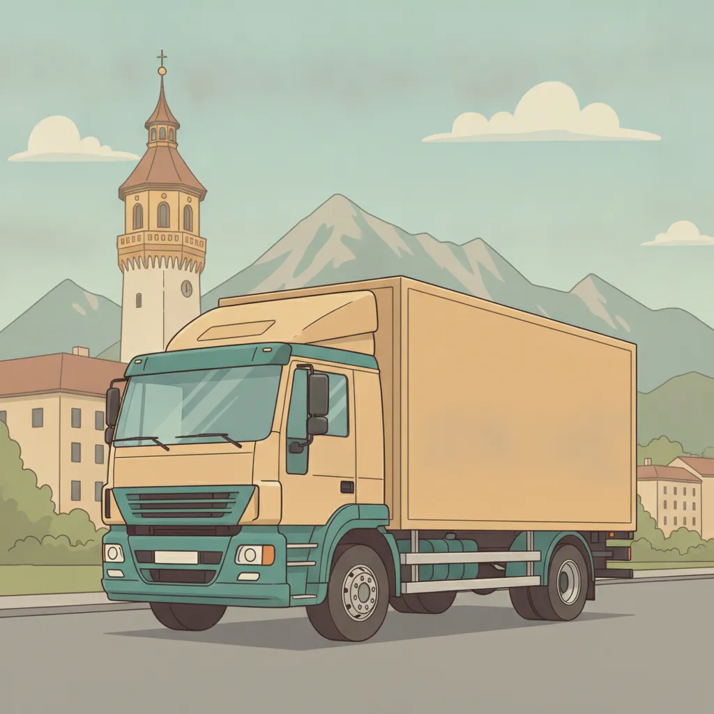 Comic-Illustration: geschlossener Umzugstransporter erreicht Innsbruck – Umzug von Salzburg nach Innsbruck