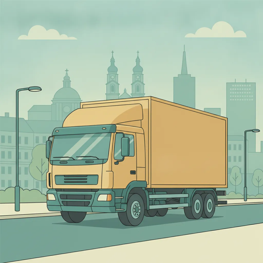 Comic-Illustration: geschlossener Umzugstransporter erreicht Linz – Umzug von Salzburg nach Linz